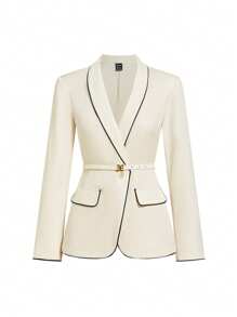 Ellevyn 女士 V 领撞色边长袖西装外套和百褶裙优雅套装，适合工作和日常穿着商务休闲女士办公室服装，适合秋冬女士搭配套装 - 杏色 - 查看 4