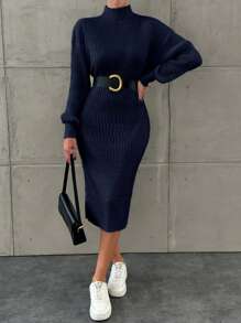 EURMUSE Women Solid Color Stand Collar Fitted Sweater Dress, Casual For Autumn And Winter - Navy Blue - View 6