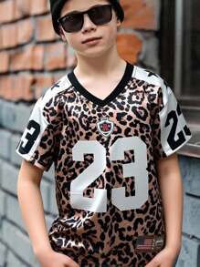 Tween Boy Casual Daily Street Comfy Letter Graphic Patchwork Contrast Color V-Neck Short Sleeve Knit T-Shirt - Multicolor - View 6