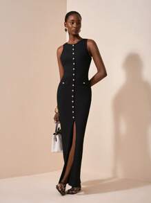 Zivah 2025 年夏季新品优雅圆领无袖紧身长裙，金属纽扣装饰和撞色口袋，适合母亲节、婚礼、生日、休闲装、旅行、街头装、商务通勤