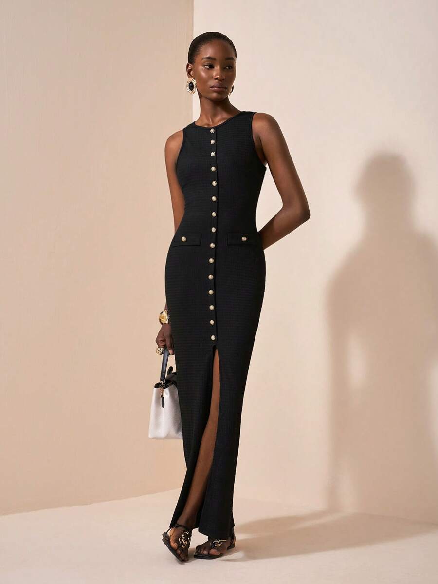 Zivah 2025 年夏季新品优雅圆领无袖紧身长裙，金属纽扣装饰和撞色口袋，适合母亲节、婚礼、生日、休闲装、旅行、街头装、商务通勤