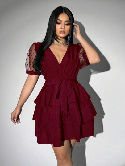 Viva Relle Vestido de talla grande de verano elegante con parches de malla y lazo