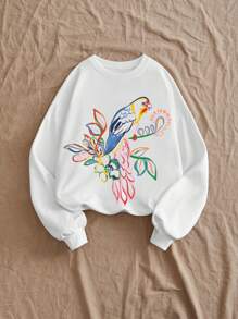 Travachic Summer Simple Tropical Colorful Birds Print Pattern Round Neck Long Sleeve Graphic Sweatshirt,Fall Women Clothes, - White - View 3