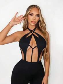 Zolique New Summer Sexy Personalized Hollow Out Lace-Up Halter Open Back Slim Fitted Women Jumpsuit - Black - View 5