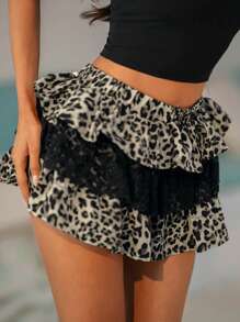 SHEIN SXY Women's Summer Street Fashion Lace Patchwork Leopard Print Ruffle Hem A-Line Skirt,Y2k,Cheetah Print,Club Sexy,Club,Skorts,Summer Holiday,Easy Comfort,Vacay Vibes - Multicolor - View 1