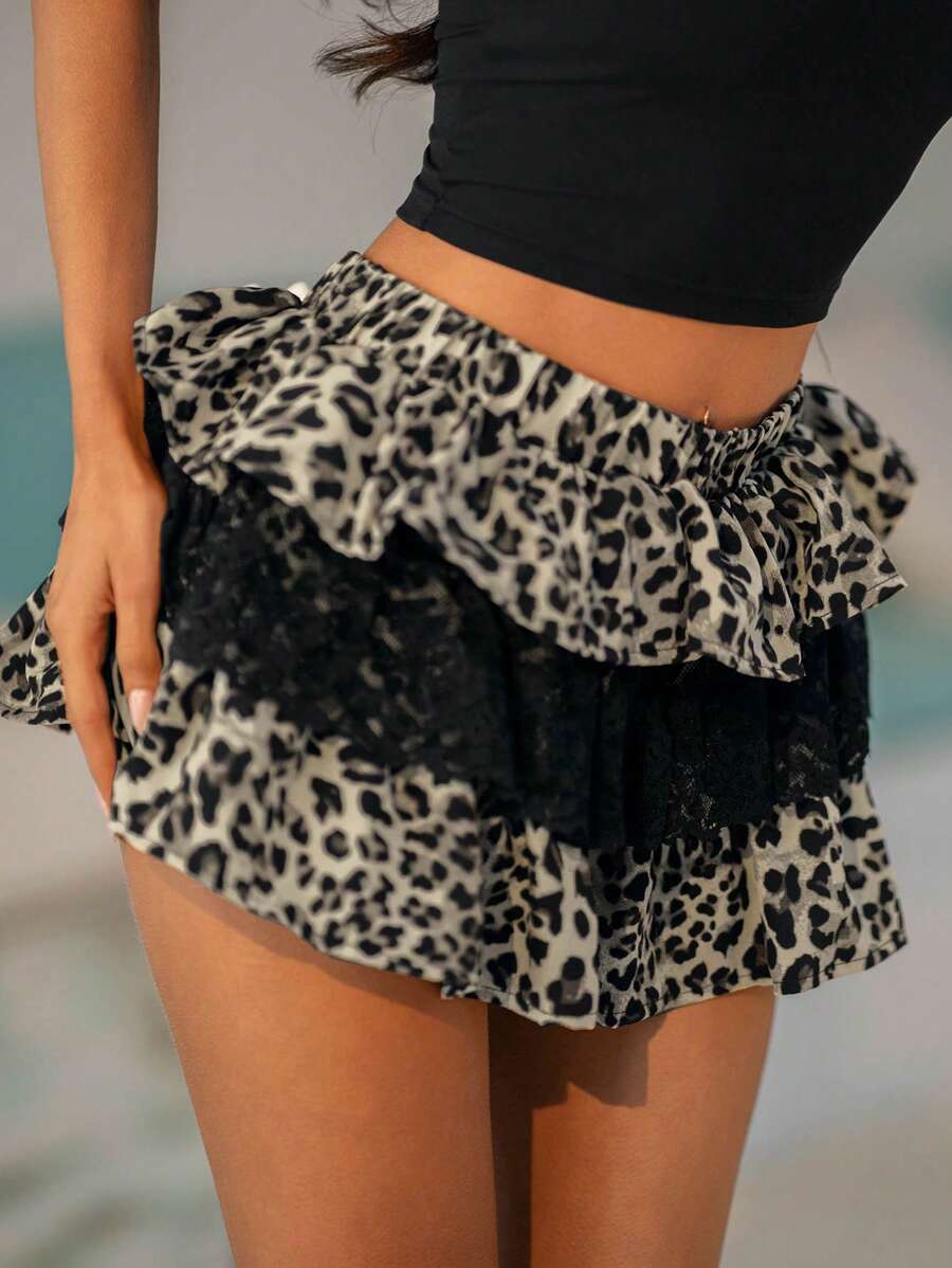 SHEIN SXY Women's Summer Street Fashion Lace Patchwork Leopard Print Ruffle Hem A-Line Skirt,Y2k,Cheetah Print,Club Sexy,Club,Skorts,Summer Holiday,Easy Comfort,Vacay Vibes - Multicolor - View 1