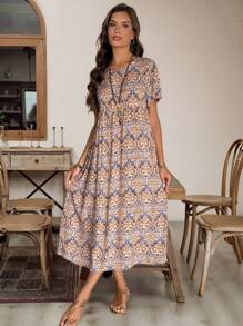 EMERY ROSE 女士休闲超长沙滩裙，全身印花 - 卡其色 - 查看 2