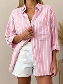 INAWLY Camisa casual de mujer de manga larga, monobotonada, con hombros caídos y rayas
