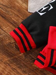 Young Boy Letter Print Patchwork Hooded Jacket, Cool , Autumn Winter Varsity Jacket - Multicolor - View 4