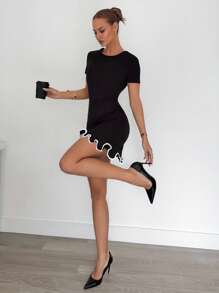 Siren Gaze Women's Elegant Black And White Ruffle Hem Mini Dress,Knitted Bodycon Summer Cocktail Party Dress,Cute Business Casual Brunch Work Short Dress - Black - View 3