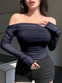 DAZY Blusa de malla elástica transparente con hombros descubiertos para mujer, para primavera/verano, ropa de vuelta al colegio, blusas de manga larga para mujer para salir - Azul Marino - Ver 6