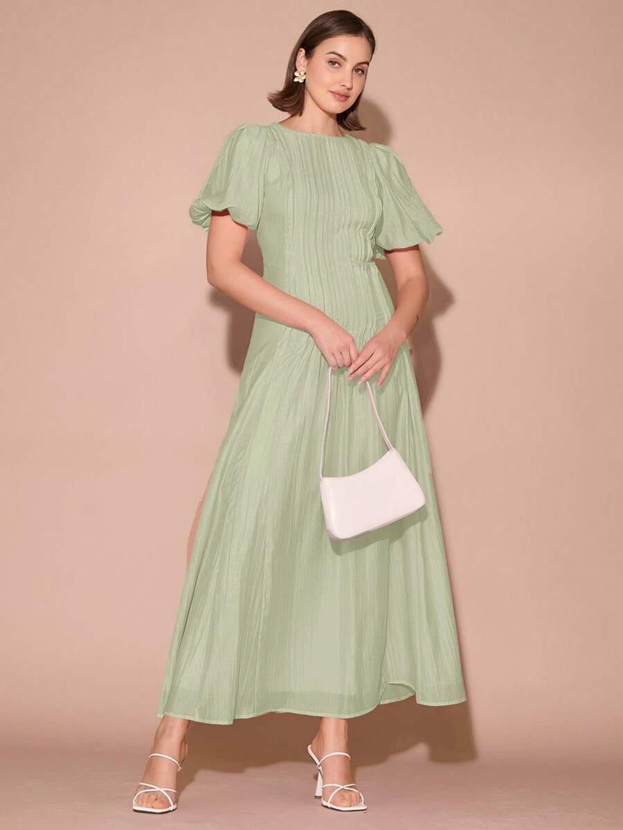 Enchnt Đầm suông tay bồng xếp ly cổ tròn màu trơn thanh lịch cho nữ - Màu xanh Bạc hà - Xem 1