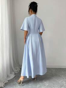 Elenzga Single Breasted Design Striped Dress With Flare Skirt - Blue and White - View 2