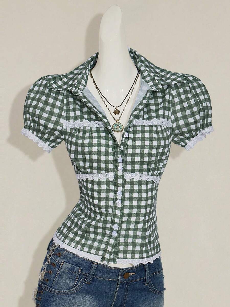 SHEIN ICON 女式泡泡袖格子纽扣休闲短袖格子印花衬衫 - 綠色 - 查看 1