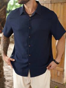 Manfinity Homme 夏季大码男士休闲纯色衬衫和短裤套装 - 彩色 - 查看 3