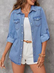 EMERY ROSE 女式单排扣卷袖宽松牛仔休闲上衣