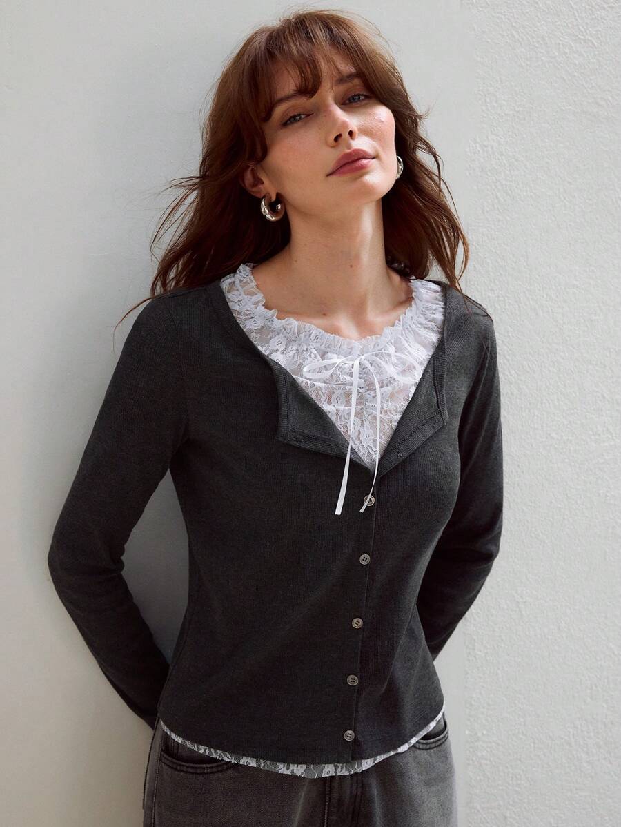 MOTF PREMIUM CONTRAST LACE BOW FRONT 2 IN 1 LONG SLEEVE TEE - Dark Grey - View 2