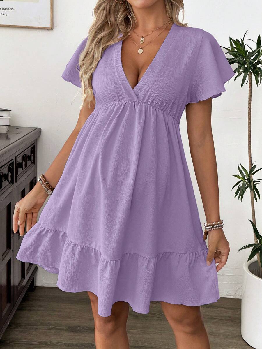 SHEIN 孕妇荷叶边 V 领喇叭袖休闲连衣裙，夏季 - 紫色 - 查看 1