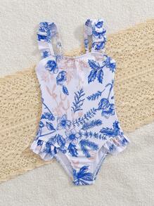 Toddler Girls' One-Piece Swimsuit With Ruffle Trim Floral Print, Perfect For Summer Beach/Holiday - Blue - View 6