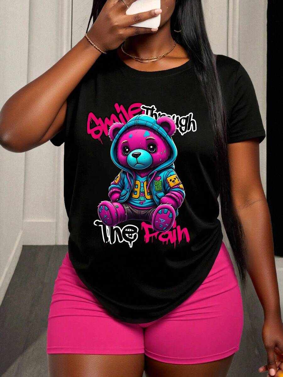 BamGleam Slim-Fit Women's Casual Short Sleeve T-Shirt, Teddy Bear Print, Colorful Drip Artistic Tee, Vibrant Graphic Unisex Abstract Design, Playful Bear Top Graphic Tees Women Tops - Black - View 1