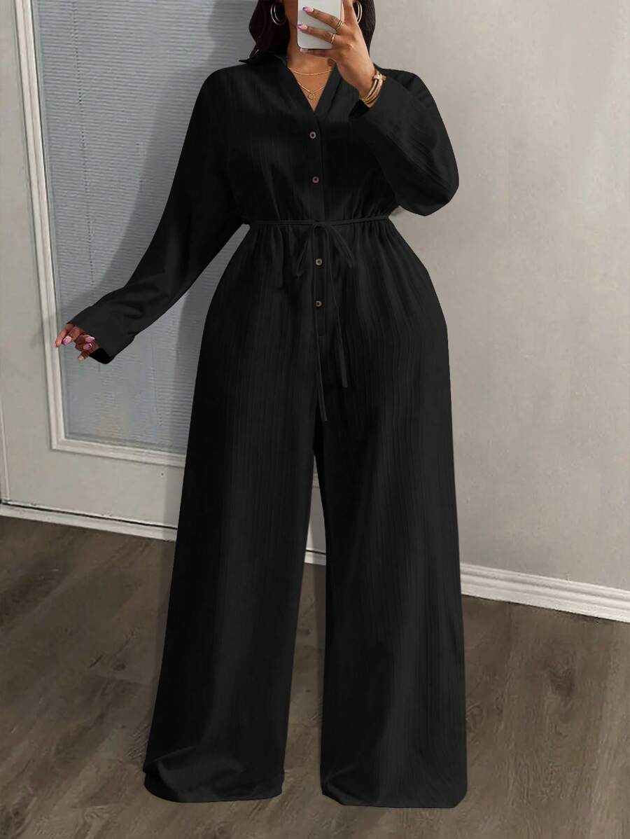 Slaydiva 2025 New Casual Vacation White Versatile Birthday Party Date Daily Simple Casual Basic Commute Sexy Street Long Sleeve Shirt Front Mid-Button Tie-Waist, Pocketed, Wide Leg Pleated Jumpsuit - A, Suitable For Spring/Summer Long Sleeve Jumpsuit Black Jumpsuit Button Up Jumpsuit Wide Leg Pants Jumpsuit Wide Leg Jumpsuit - Black - View 1