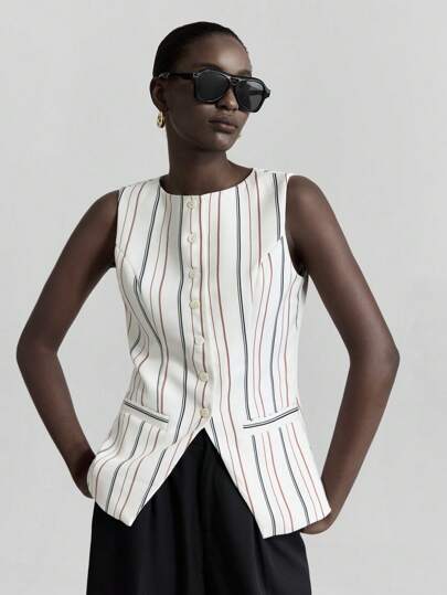 Ontre 2025 女装新款秋季，2000 年代复古乡村风格女学生，办公室商务休闲，适合约会、外出、机场、派对、夏季条纹单排扣马甲