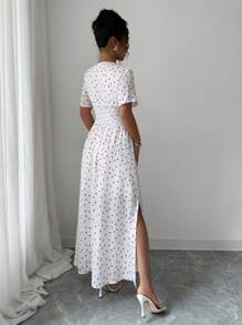 Elenzga Vestido largo con cordón, escote profundo y plisado, con estampado de corazones, para mujer de verano - Blanco - Ver 2