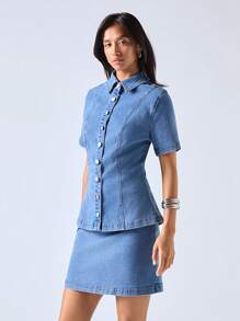 LYSMO 女式休闲牛仔短袖上衣和迷你裙套装 - 藍色 - 查看 3