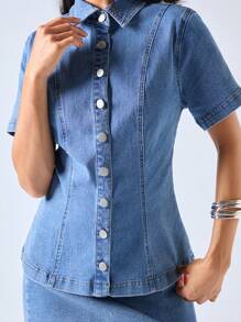 LYSMO 女式休闲牛仔短袖上衣和迷你裙套装 - 藍色 - 查看 4