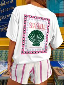 DrmWander 大码女式休闲字母与贝壳印花短袖圆领 T 恤，夏季 - 白色 - 查看 4