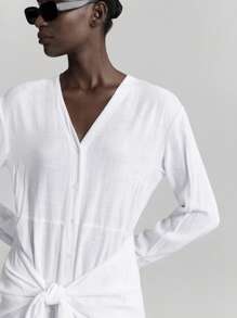 Ontre White Autumn Effortless Chic Elegant Vacation Women V-Neck Drop Shoulder Long Sleeve Waist Tie Casual Versatile Maxi Dress For Daily Easter Wedding - White - View 5