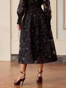 ZEYLAH 女士优雅透明黑色花卉镂空半身裙，夏季 - 黑色 - 查看 3