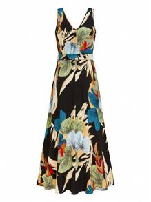 SHEIN LUNE Plus Size Casual Resort V-Neck Sleeveless Belted A-Line Dress For Women - Black - View 2