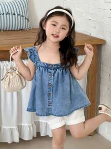 SHEIN Young Girl Blue Denim Ruffle Sleeve Oversized Top, Spring And Summer
