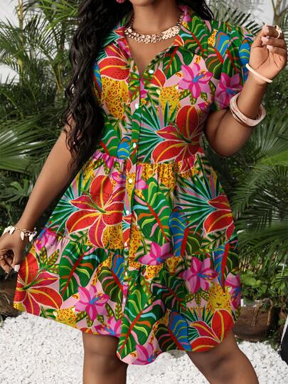 Slaydiva Vestido mini minimalista casual para mujer de talla grande, adecuado para el verano, vacaciones, con estampados tropicales, leopardo o gran estampado floral