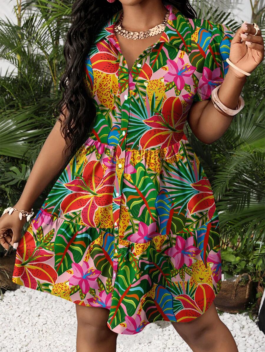 Slaydiva Váy mini giản dị tối giản cỡ lớn cho nữ, phù hợp cho mùa hè, kỳ nghỉ, họa tiết nhiệt đới, họa tiết da báo, họa tiết hoa lớn - Nhiều màu - Xem 1