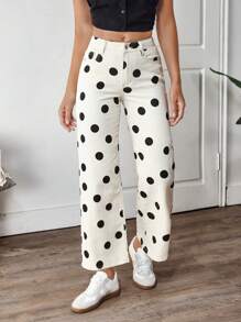 EMERY ROSE Winter Plus Size Women's Fashion Polka Dot Print Straight Leg Jeans - Black and White - View 8