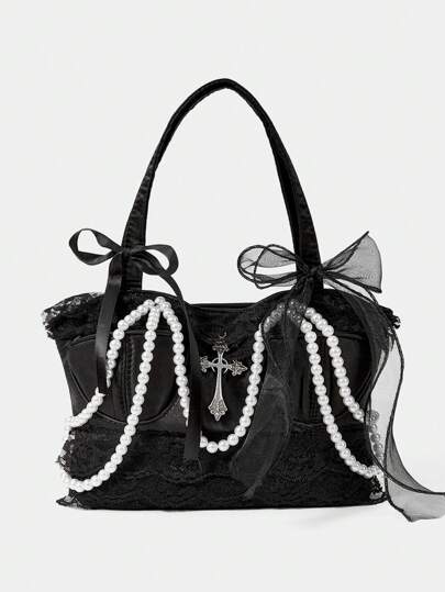 Goth Damen Handtasche mit Spitze-Schleife und Perlenkette, modische Shopper Tasche