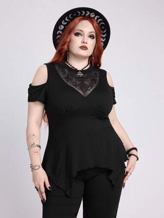 Goth Camiseta de hombros descubiertos asimétrica con bordado de estrellas y vid, estilo vacacional, talla grande
