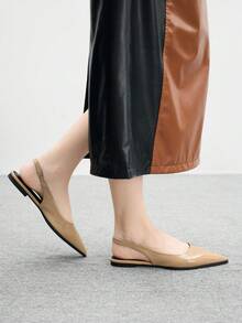 CUCCOO BIZCHIC Giày bệt đế bằng mũi nhọn đơn giản màu trơn dành cho nữ, giày đi làm cơ bản đa năng, màu đen, da PU tráng gương - Màu be - Xem 4