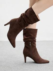 CUCCOO BIZCHIC Coffee Pointed Toe Slip-On High Heel Ruched Ankle Boots, Women's Fashion Ankle Boots For Christmas Spring Shoes - Coffee Brown - View 4