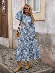 Brillora Fall/Winter Women's Outings Holiday Date Evening Dress, Women's Long-Sleeved Beach Dress In Bohemian Style With Blue And White Print For Vacation, School Uniform, Very Simple Dress For Women, Rural Women's Clothing, Office Attire, Old Money Attire, Teacher Attire, Date Attire, Graduation Season, Autumn Women's Clothing, Pink Printed Evening Dress, Evening Dress For Wedding Season Sister Afternoon Tea Gathering Festival - Blue and White - View 2