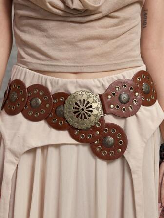 Hippie 1 pieza Cinturón de mujer con hebilla hueca con flor marrón, decoración de flor redonda, estilo bohemio occidental para vaqueros casuales, accesorio versátil