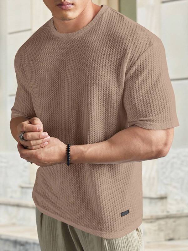 HIMLAND Loose Fit Men's Letter Patched Waffle Knit T-Shirt
