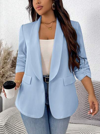 SHEIN LUNE Plus Size Women's Plain Color Shawl Collar Casual Ruched Sleeve Blazer Women Blazers Women Blazers Blue Blazer Light Blue Blazer Office Clothes For Women Blue Blazer Women Women Blazer Office,Fall Clothes For Women Autumn