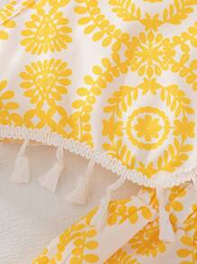 SHEIN Sparklyn Young Girls Summer Fashion Fringe Decor Sleeveless Crop Top And Loose Vintage Print Shorts 2pcs Set Summer Holiday