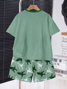 SHEIN Set de 2 piezas para niño preadolescente con camiseta de manga corta, cuello redondo y pantalón corto con estampado gráfico de Tiranosaurio Rex clásico y sencillo, para el verano - Multicolor - Ver 3