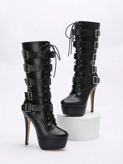 CUCCOO LuxiPop Women's Lace-Up Platform Thick Sole Mid-Calf Boots, Waterproof, High Heel, Sexy Fashion Boots For Nightclub, Halloween, Christmas, Party