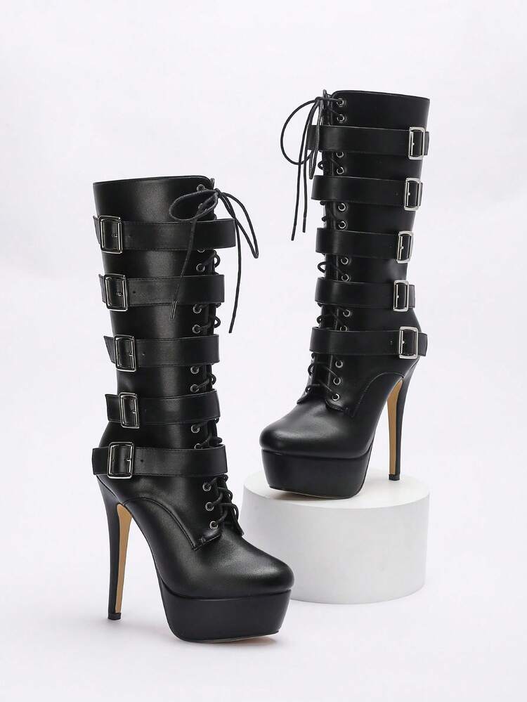 CUCCOO LuxiPop レースアップ プラットフォーム ミッドカーフブーツ、セクシーでファッショナブルなナイトクラブスタイル、春夏、バケーション、トラベル、2000年代スタイルに適しています