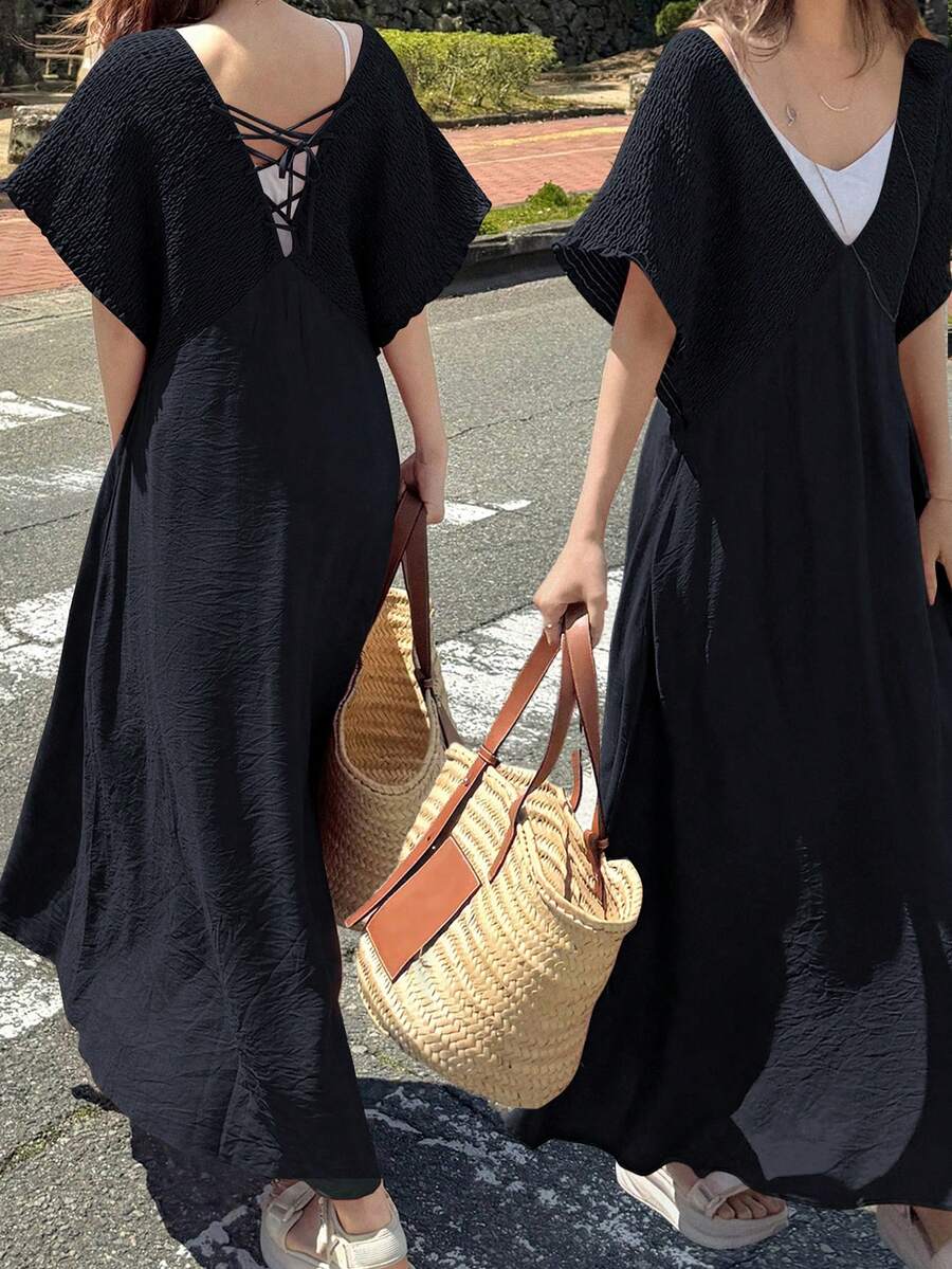 FRIFUL 女式无袖抽绳连衣裙，休闲都市风格，春夏 - 藏蓝色 - 查看 1